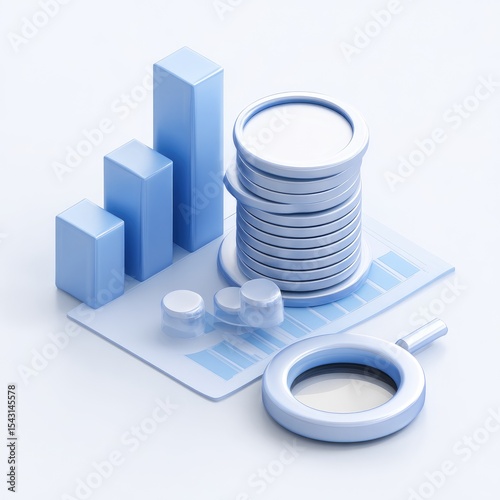 Light blue bar graph, coins, magnifying glass on document