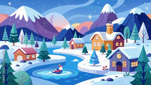 vector winter landscape with houses