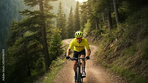 Cyclist on a dirt path in a forest