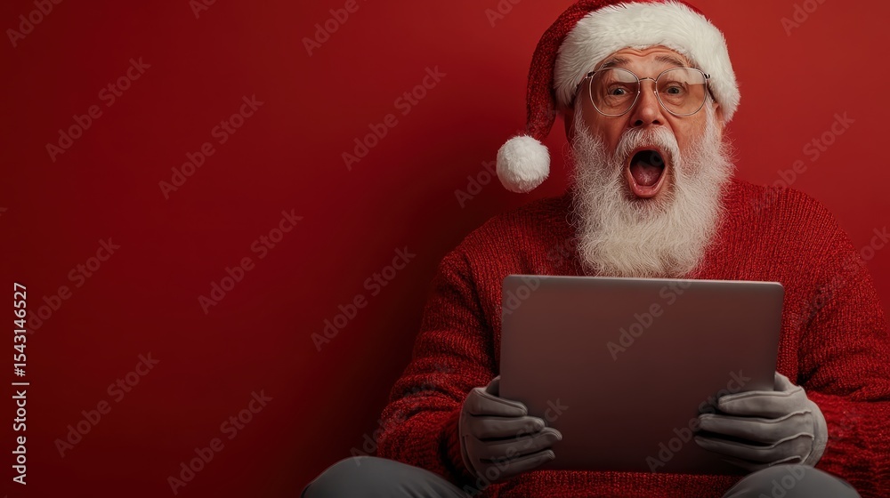 Naklejka premium A cheerful Santa Claus in a festive red sweater exclaims in surprise while looking at a laptop, capturing the excitement of modern holiday festivities.