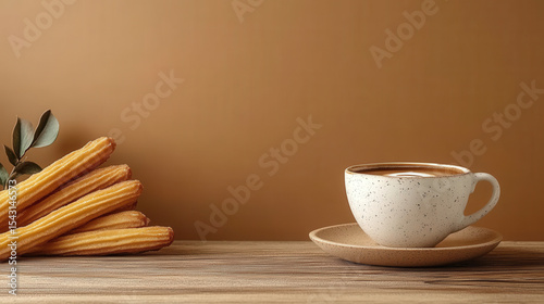 Warm churros and coffee setup with chocolate dip, tan background with empty right side 