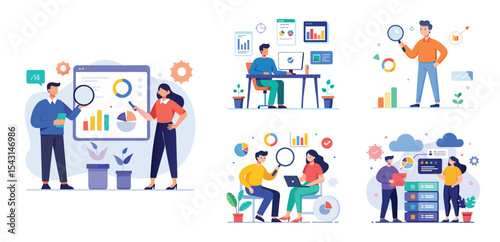 business team analytics and monitoring report concept and flat vector illustration design data analytics research for business finance