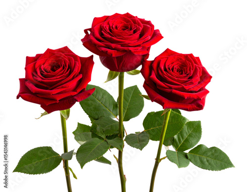 Three red roses on long green stems with leaves. Isolated on transparent background.