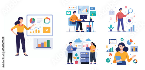 business team analytics and monitoring report concept and flat vector illustration design data analytics research for business finance