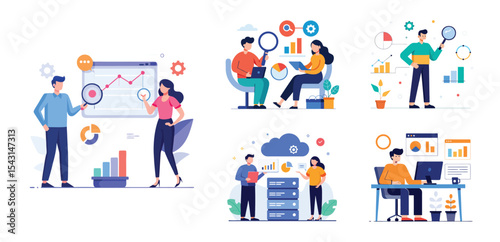 business team analytics and monitoring report concept and flat vector illustration design data analytics research for business finance