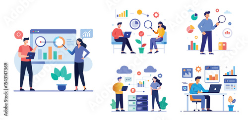 business team analytics and monitoring report concept and flat vector illustration design data analytics research for business finance