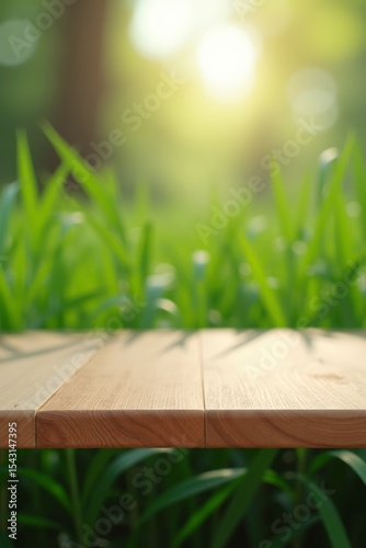 Vertical Wooden Table and Blurry Green Meadow Background with Sunlight