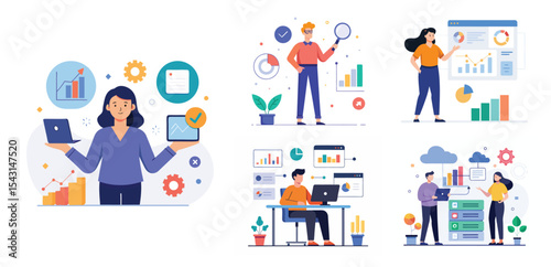 business team analytics and monitoring report concept and flat vector illustration design data analytics research for business finance
