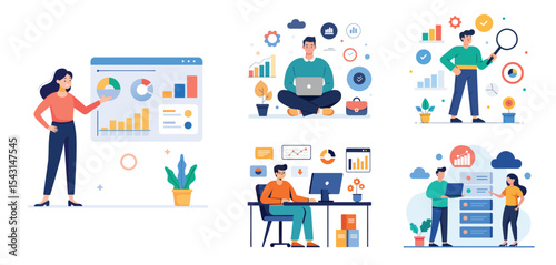 business team analytics and monitoring report concept and flat vector illustration design data analytics research for business finance