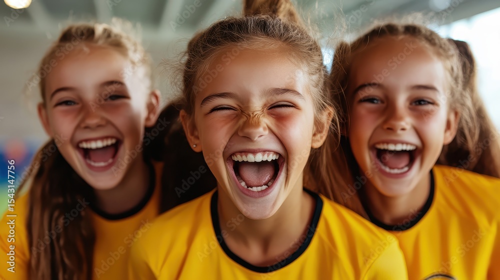 Fototapeta premium Three cheerful young girls wearing bright yellow jerseys laughing joyfully together, displaying themes of friendship, happiness, and youthful spirit in a vibrant indoor environment.