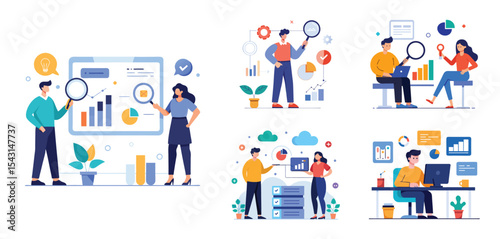 business team analytics and monitoring report concept and flat vector illustration design data analytics research for business finance