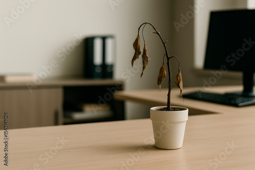A withered office plant against the background of a computer. Space for text.