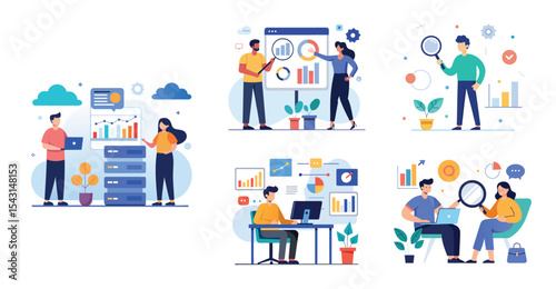 business team analytics and monitoring report concept and flat vector illustration design data analytics research for business finance