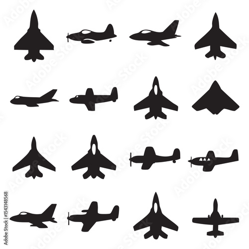 Jet Fighter Aircraft Silhouette Icon Set