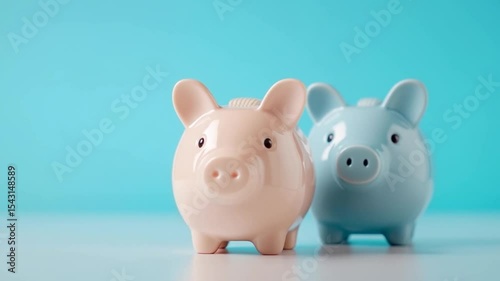 Two ceramic piggy banks, one pink and one blue, against a soft blue background, symbolizing savings
