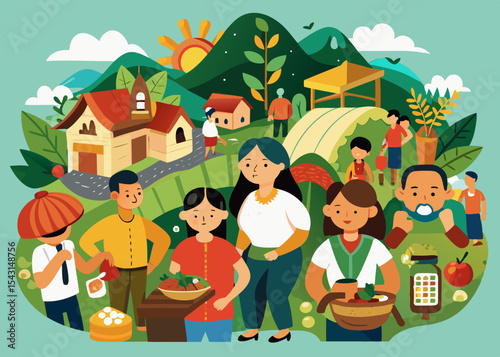 Vibrant Village Life Illustration of Community Farming and Healthy Living