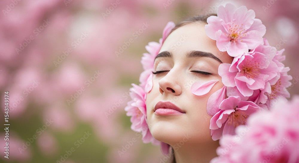A peaceful face surrounded or partially covered by soft, colorful flower petals (like peonies or cherry blossoms), evoking softness and renewal A peaceful face surrounded or partially covered by soft, colorful flower petals (like peonies or cherry blossoms), evoking softness and renewal