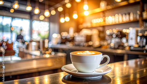 Coffee Latte with Latte Art in Cafe Background with Bokeh Lights