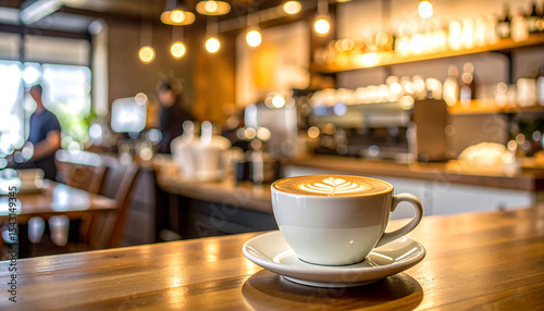 Coffee Latte with Detailed Latte Art on Cafe Bar Counter