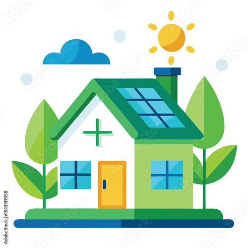 energy efficient house with solar panels and green