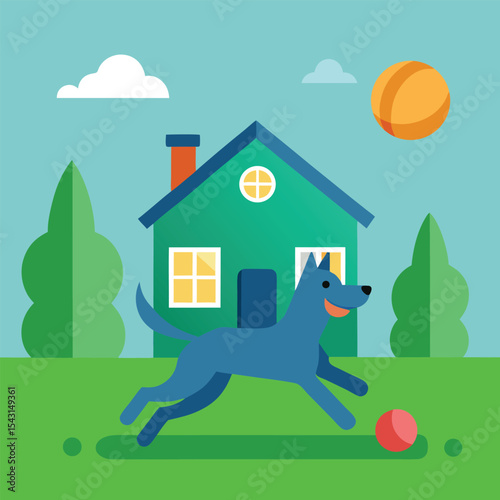 dog running and playing with ball on green lawn in