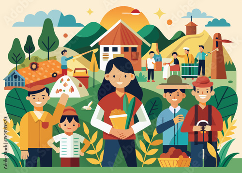 Happy Farmers and Rural Community Life An Illustration of Agricultural Harmony