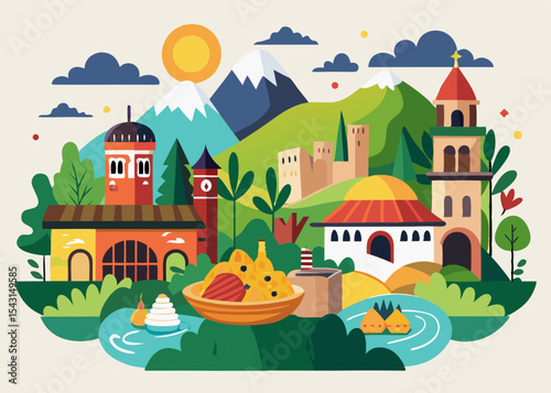 Vibrant Mountain Village Illustration Colorful Houses, Scenic Landscape, and Bountiful Harvest