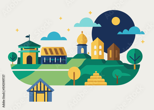 Night Scene of a Charming Village Illustration