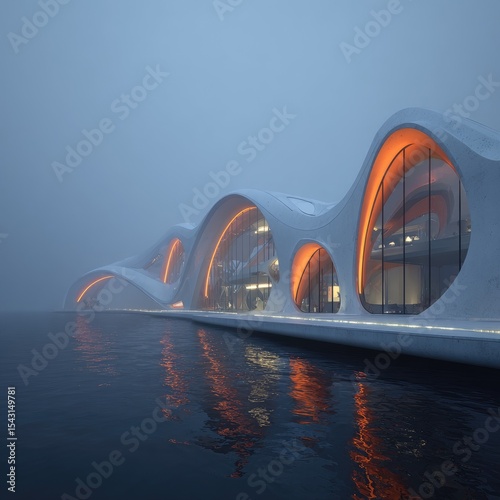 Modern, curved building on water, foggy, lit windows