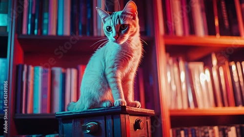 This video captures a delightful cat in a warm library setting. A perfect blend of charm and coziness. Ideal for content related to pets and home decor. Generative AI