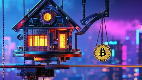 This captivating footage depicts a crane lifting a glowing house alongside a bitcoin. An engaging visual for projects linked to technology, finance or innovation. Generative AI