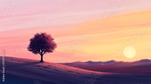 Sunset Over Rolling Hills with Lone Tree