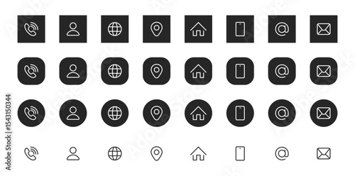 Business card icon set in line style. Contact information, Home, Phone, Location, Address, Website, mail, fax, user simple black style symbol sign for apps and website, vector illustration.