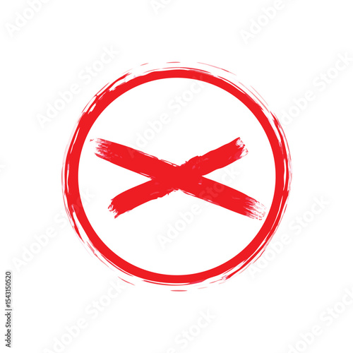 Red cross inside a circular brushstroke, symbolizing rejection, disapproval, and incorrect action.
