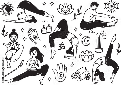 Yoga Doodle, Meditation, Lotus Pose, Calm Mind, Spiritual Practice, Om Symbol, Zen Vector Set