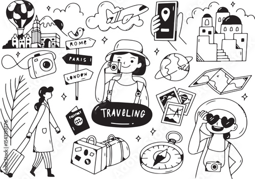 Travel Doodle, Girl Backpacking, Camera, Passport, Luggage, Exploring World, Adventure Vector