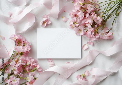 Delicate pink floral arrangement with blank card.  Soft pastel pink ribbons and blossoms surround a blank card, creating a romantic and elegant aesthetic