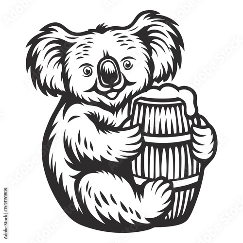 Monochrome vector graphic depicting playful koala hugging oversized beer mug, perfect for brewery branding and alcohol related design concepts