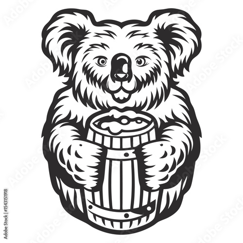 Monochrome vector graphic depicting playful koala hugging oversized beer mug, perfect for brewery branding and alcohol related design concepts