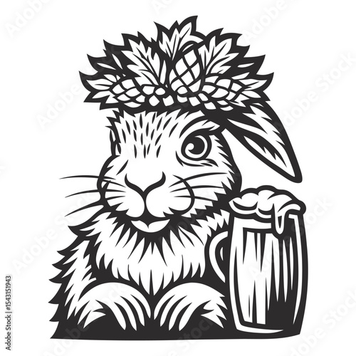 Monochrome vector illustration of a cheerful rabbit wearing a crown of hops and holding a frothy beer mug, ideal for brewery, bar, or pub branding, apparel design, and beer related merchandise