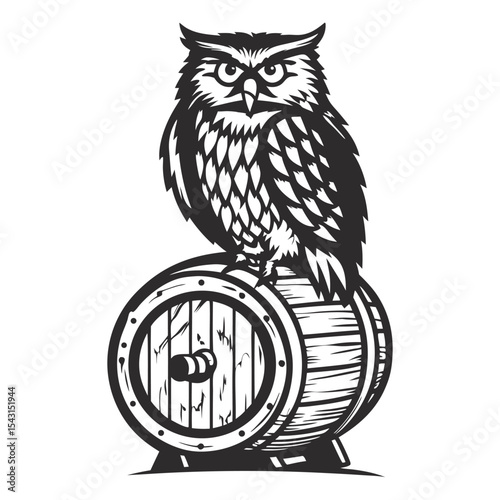 Monochrome vector illustration showcasing an owl perched on a rustic wooden beer barrel, embodying a vintage inspired logo design perfect for breweries and pubs