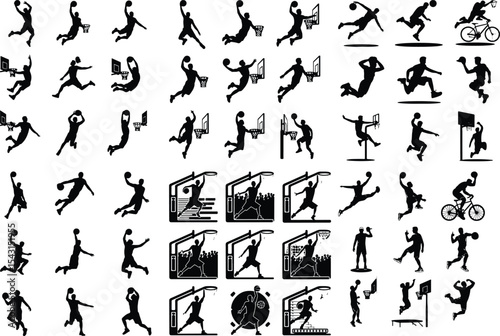 Dunk Shot Basketball Icon Silhouette – Sports Energy Vector Pack Basketball Player Dunking Silhouette Set – High Jump Action Icons
