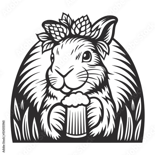 Monochrome vector illustration of a cheerful rabbit wearing a crown of hops and holding a frothy beer mug, ideal for brewery, bar, or pub branding, apparel design, and beer related merchandise