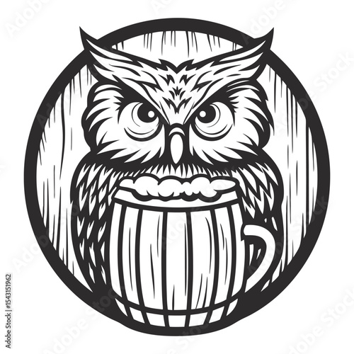 Monochrome vector illustration featuring a stern owl clutching a frothy wooden beer mug, set against a circular backdrop reminiscent of a beer barrel, creating a vintage inspired brewery emblem