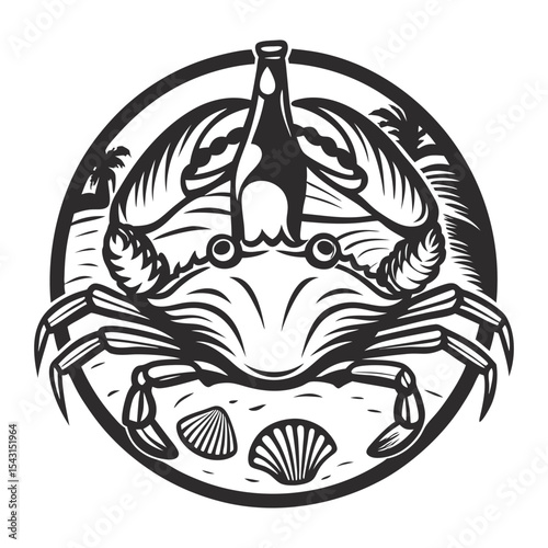 Vintage nautical brewery badge showing crab grasping beer bottle near crashing ocean waves, emphasizing coastal craft beer branding design