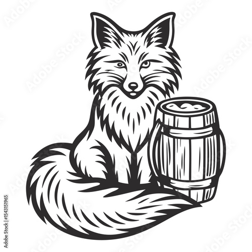 Vintage monochrome illustration depicting sly fox resting near wooden beer mug, capturing rustic brewery atmosphere with woodland character