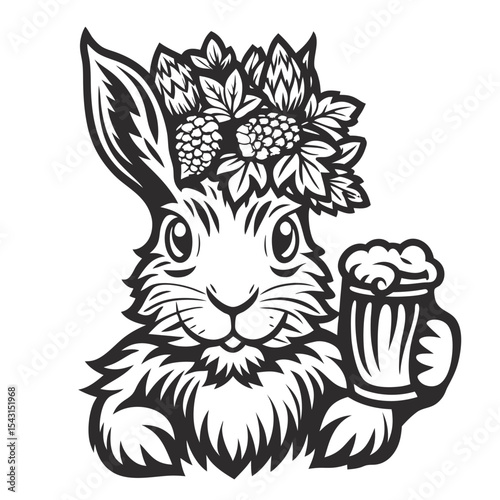 Monochrome vector illustration of a cheerful rabbit wearing a crown of hops and holding a mug of beer, perfect for brewery logos, bar signs, or alcohol related designs