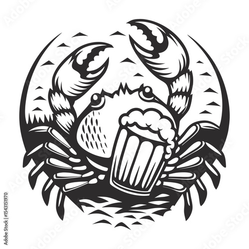 Monochrome vector crab clutching beer mug while resting on sandy beach, circular framing perfect for coastal dining and brewing brand identity