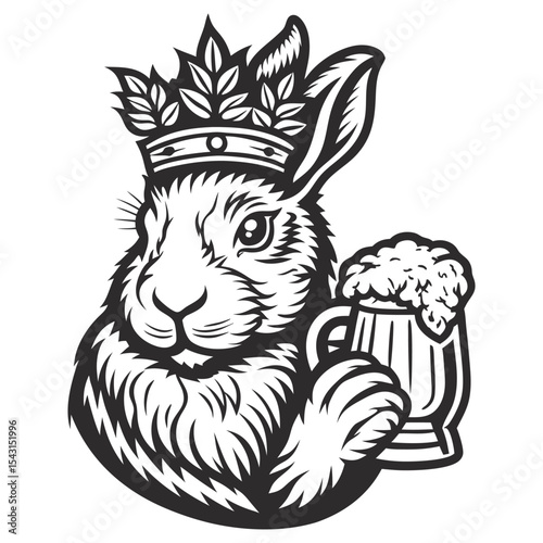 Monochrome vector illustration of a cheerful rabbit wearing a crown of hops and holding a mug of beer, perfect for brewery logos, bar signs, or alcohol related designs