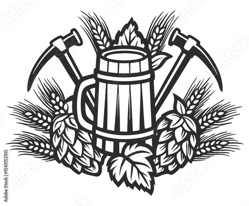 Vintage black and white brewery badge displaying wooden beer mug, surrounding hops, wheat stalks, and crossed pickaxes, representing traditional craft brewing heritage